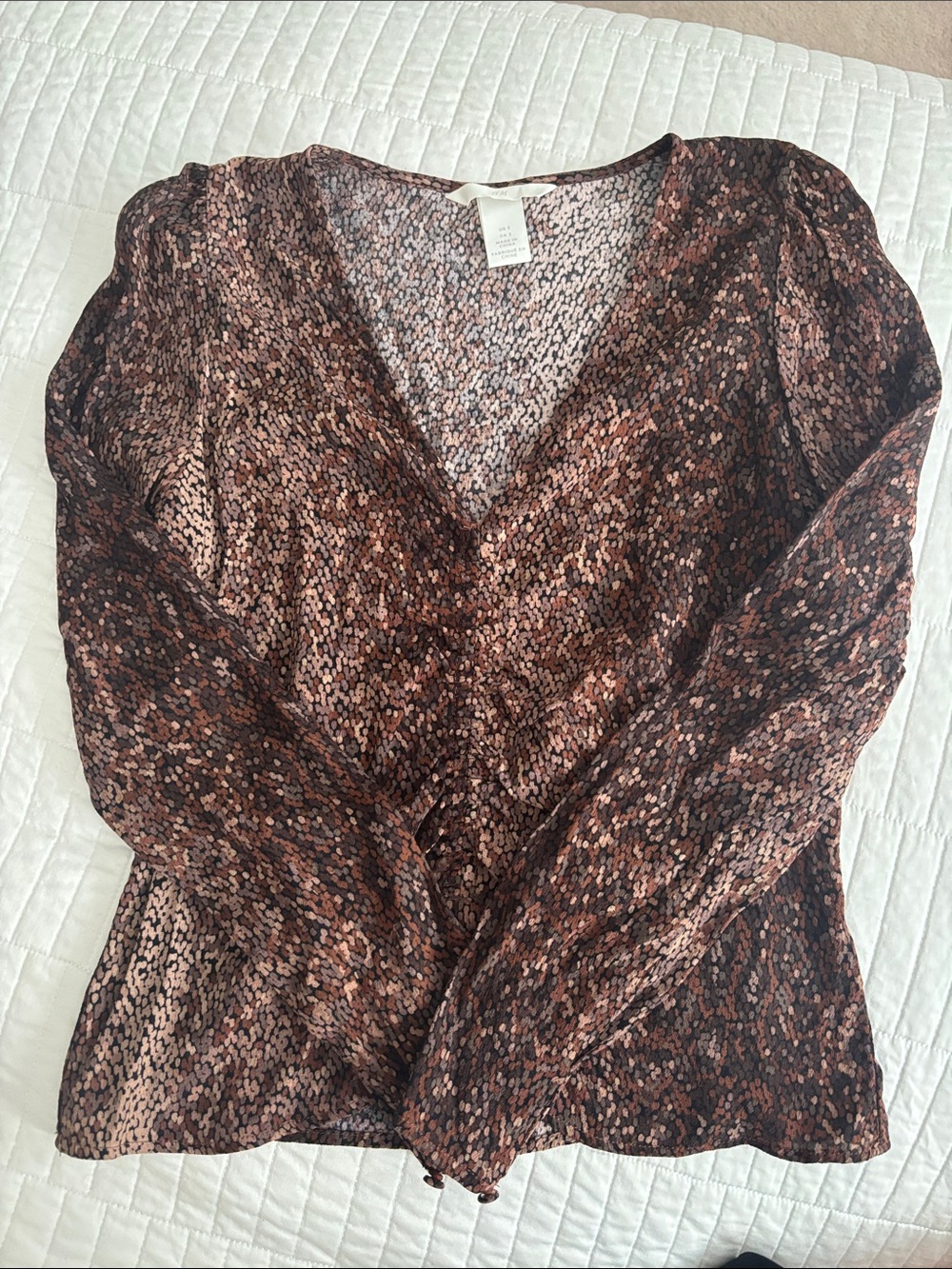 H&M Brown Multi-Dot Long-Sleeve V-Neck Blouse